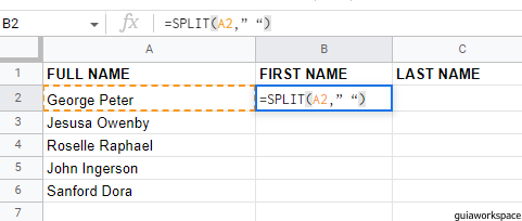 Cómo separar nombres en Google Sheets