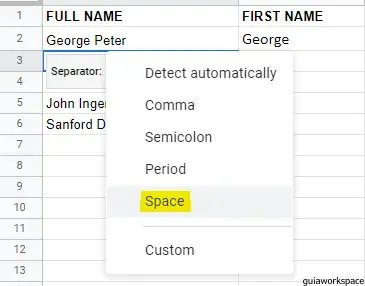 Cómo separar nombres en Google Sheets