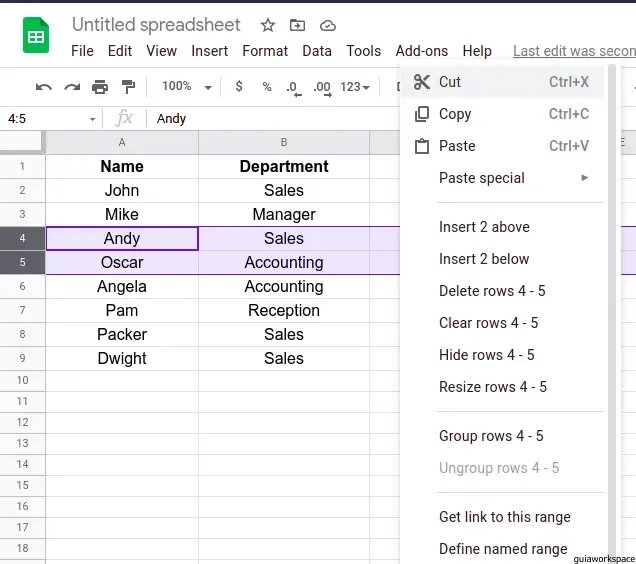 Pasos para insertar varias filas en Google Sheets