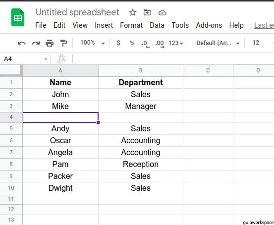 Pasos para insertar 1 fila en Google Sheets