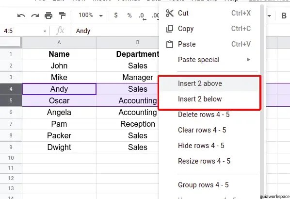 Pasos para insertar varias filas en Google Sheets